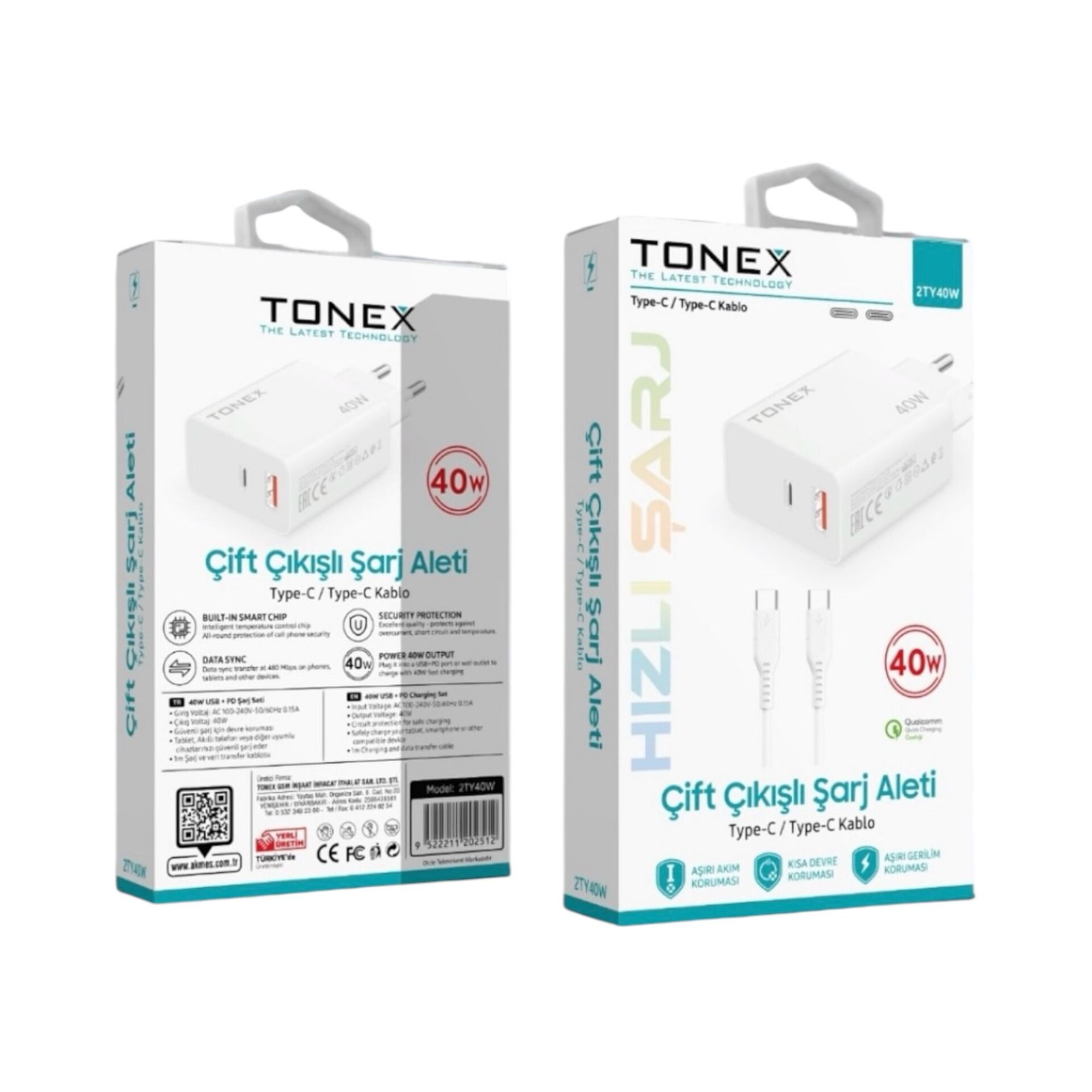 Tonex Type-c To Lightning Çift Çıkışlı 40W Şarj Aleti