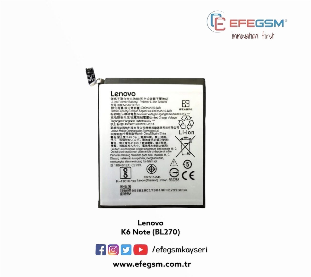 Lenovo K6 Note (BL270) Batarya