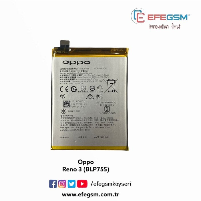 Oppo Reno 3 (BLP755) Batarya
