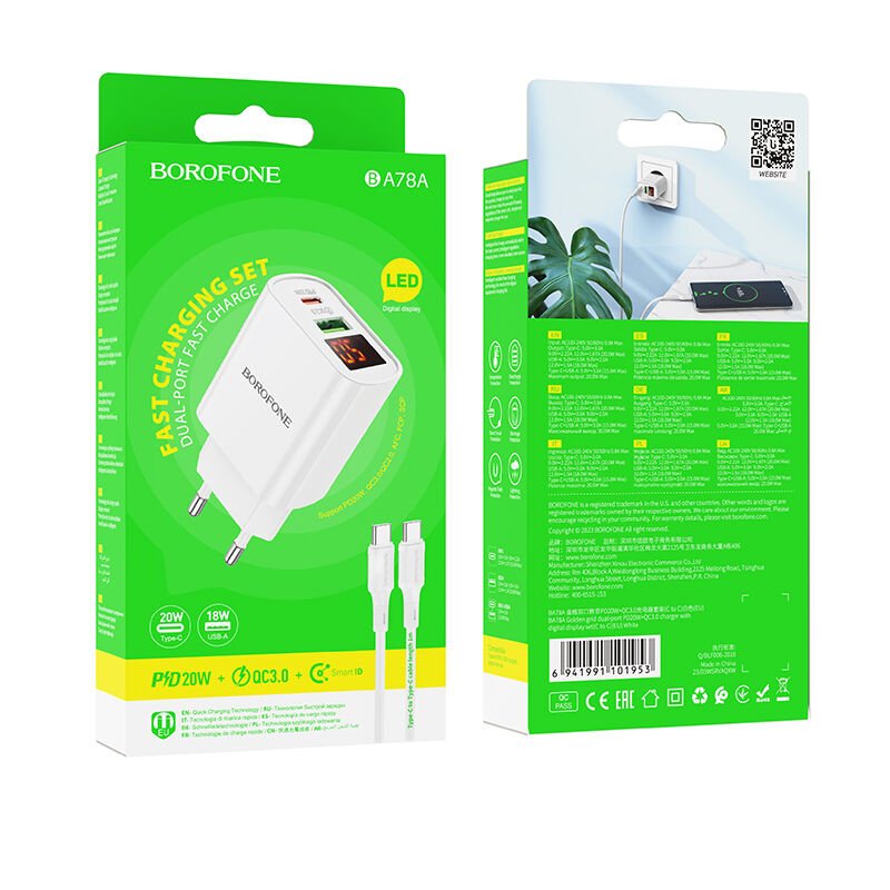 Borofone BA78A PD20W+QC3.0 Ekranlı Type-c Type-c Şarj Aleti